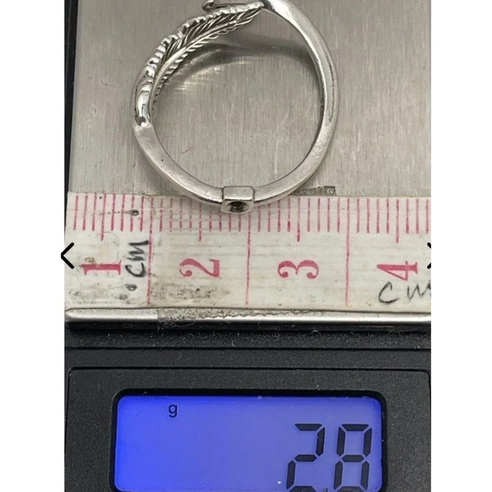 Sterling Silver Feather Wrap Ring with Dangle Cubic Zirconia Size 7.75 925 Plume